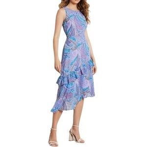 New Sam Edelman Paisley Print Ruffle Asymmetrical Midi Dress Blue Multi Size 2